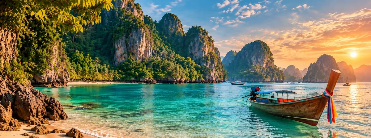 Limestone karst bay at sunset with a longtail boat