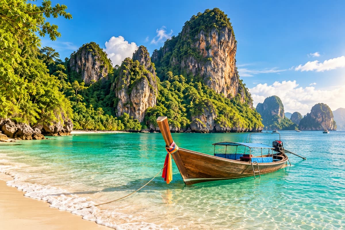 Tropical bay · Turquoise water and dramatic limestone cliffs